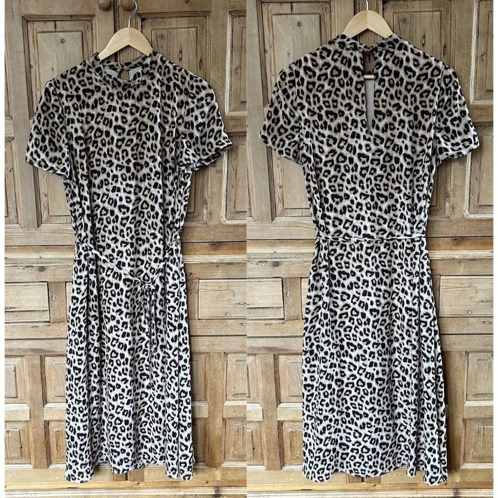 Avec‎ Les Filles 10 Leopard Print Dress Mock Neck Short Sleeve Belted